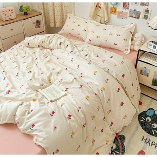 Bộ chăn ga gối Cotton Poly,bộ chăn ga 5 món nhập khẩu chần bông dày đủ size 1m2,1m4,1m5,1m6,1m8,2m2 mẫu Tuylip Trắng Kem