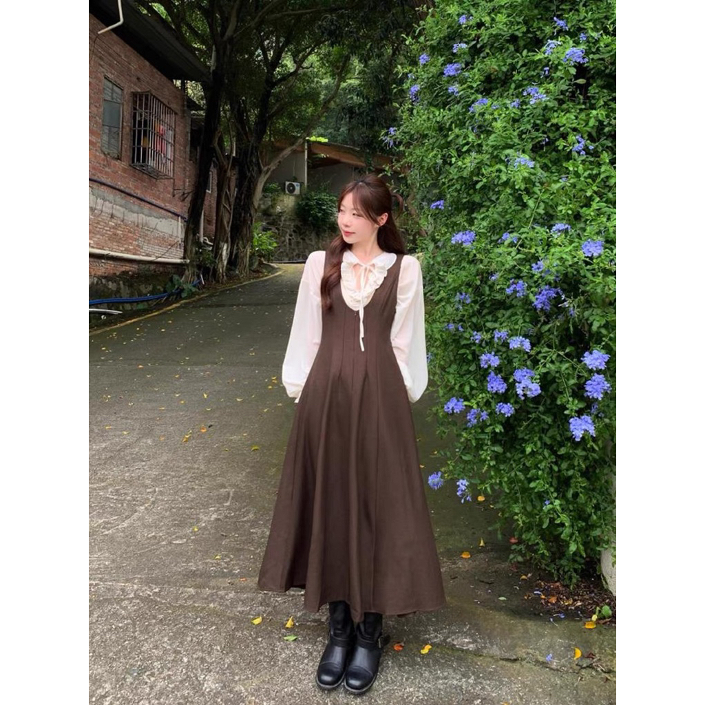 (ORDER)- Set váy yếm eo áo sơ mi dài tay nhún bèo kiểu Pháp + váy yếm thanh lịch dáng dài cho nữ mùa