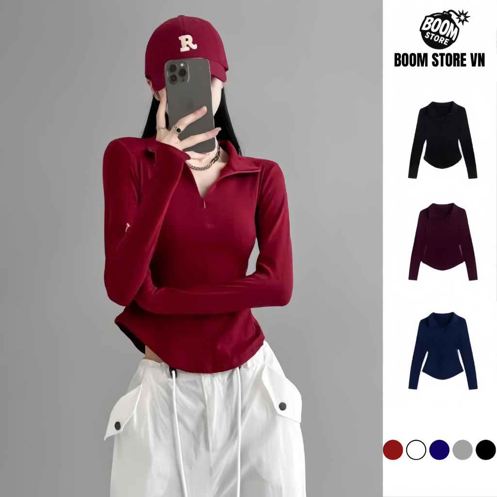 Áo Thun Nữ Cổ Bẻ Dài Tay Phối Khóa Kéo Dáng Ôm Vạt Bầu Chất Thun Tăm Hàn Mịn –BY BOOM STORE VN ASH04