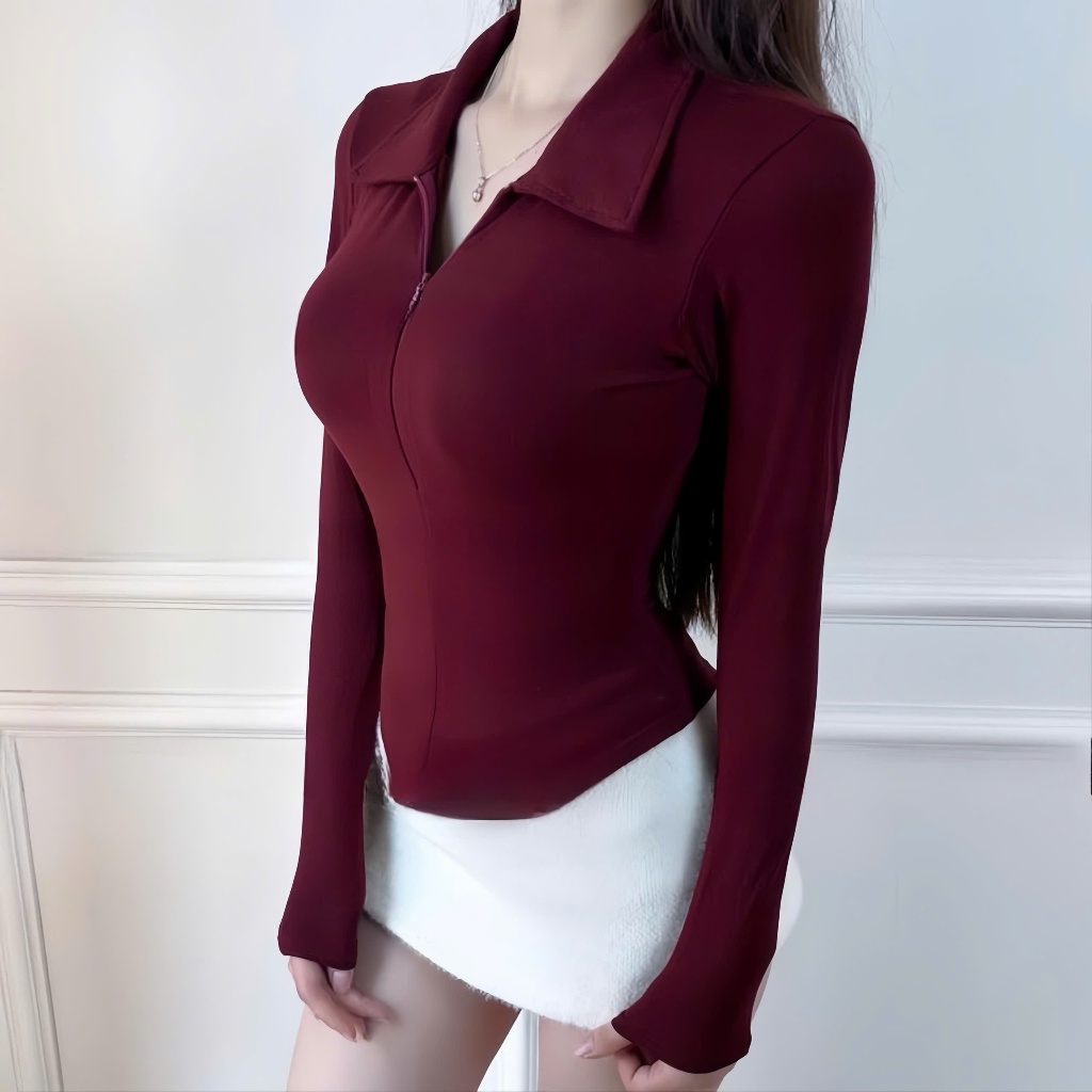 Áo Thun Nữ Cổ Bẻ Dài Tay Phối Khóa Kéo Dáng Ôm Vạt Bầu Chất Thun Tăm Hàn Mịn –BY BOOM STORE VN ASH04 | BigBuy360 - bigbuy360.vn