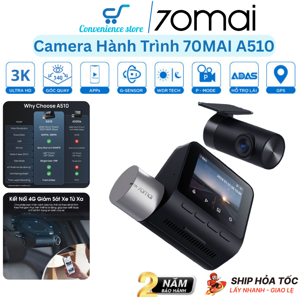 Camera Hành Trình 70mai A510 3K Sony Quốc Tế Có Tiếng Việt Cảnh Báo Va Chạm Lệch Làn GPS Báo Tốc Độ
