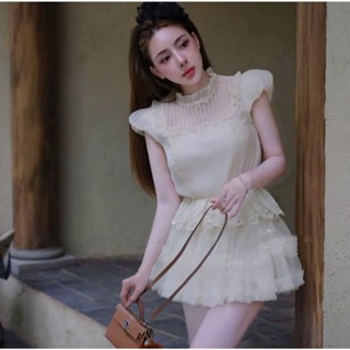  Set váy thiết kế tiểu thư chất boy hàn áo cổ tròn tay con viền ren phối chân váy ren ngắn có quần trong KÈM ẢNH THẬT 