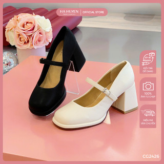  Giày cao gót nữ HÀ HUYỀN da lì mép nổi khuy cài kín gót gót vuông 7cm - CG2426 