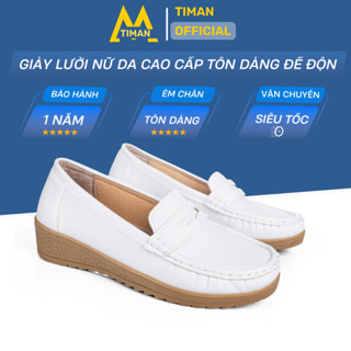  Giày lười nữ BH58 Timanvn chất liệu da vải slip on kiểu mọi đế cao màu trắng độn đế bảo hành 1 năm 