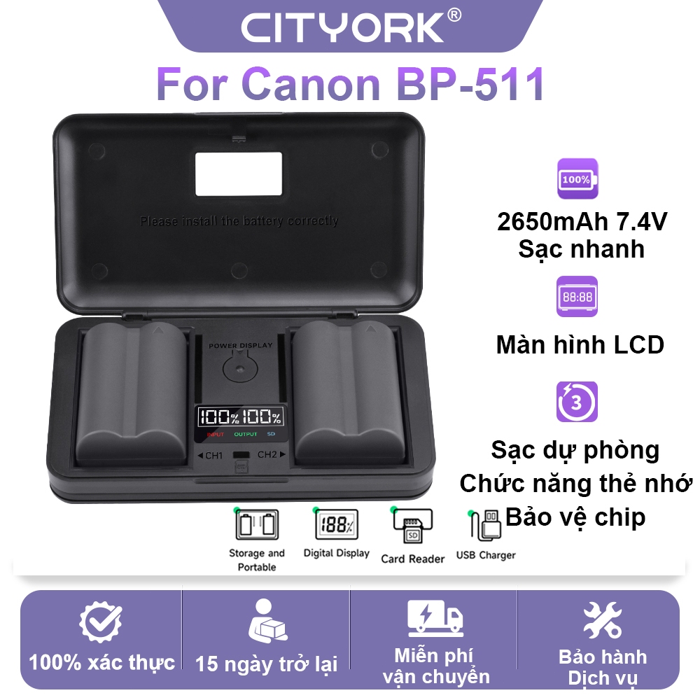 CITYORK Bộ Pin Canon BP-511 2650mAh+Hộp sạc Cho Máy Ảnh Canon EOS 300D 10D 20D 30D 40D 50D 10D 5D