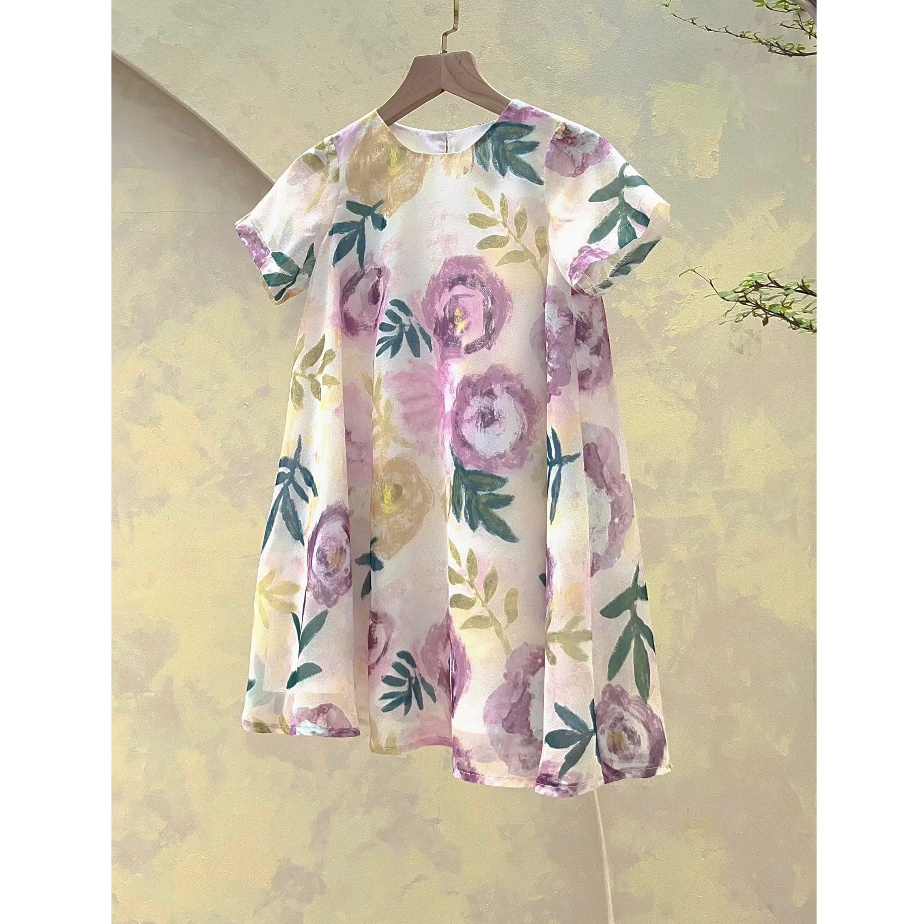 Đầm dự tiệc LEAH babydoll dáng xoè cộc tay thô in hoa xinh xắn cho bé từ 3,4,5,6,7,8,9,10 tuổi - Nao