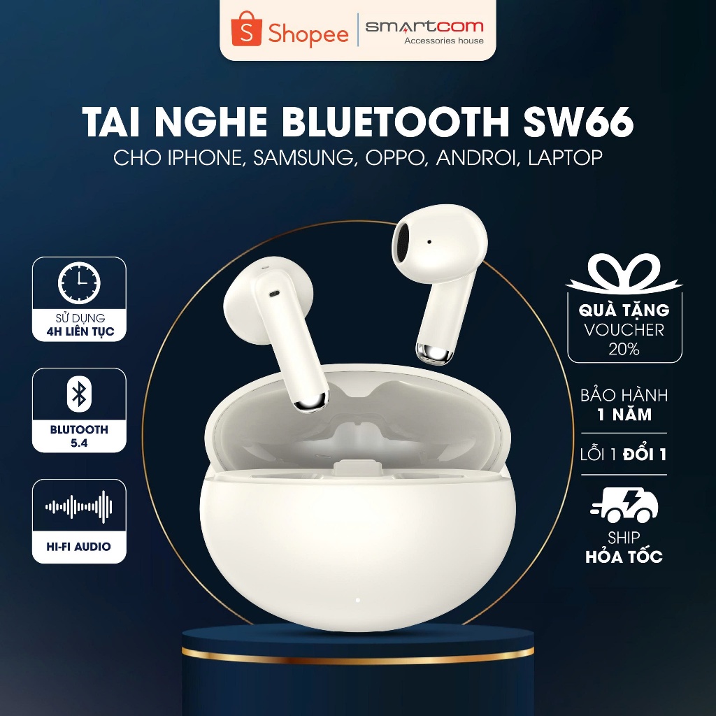 Tai nghe Bluetooth nhét tai SMARTCOM SW66 bass mạnh pin trâu có mic đàm thoại - bảo hành 12 tháng