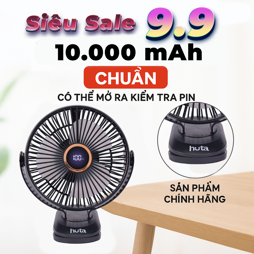 Quạt Tích Điện Kẹp Loại To HUTA Q22 Pin Trâu.Quạt Tích Điện Pin Khoẻ, Đèn RGB, Màn hình LED, Lồng Quạt 22Cm