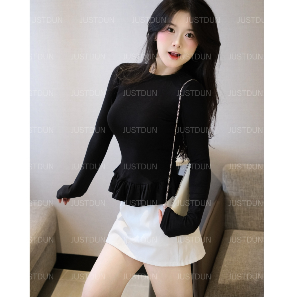 Áo Thun Nữ Dài Tay Ôm Body JUSTDUN 405 - Phối Viền Bèo Xinh, Cotton Mịn Cao Cấp, Tôn Dáng | BigBuy360 - bigbuy360.vn