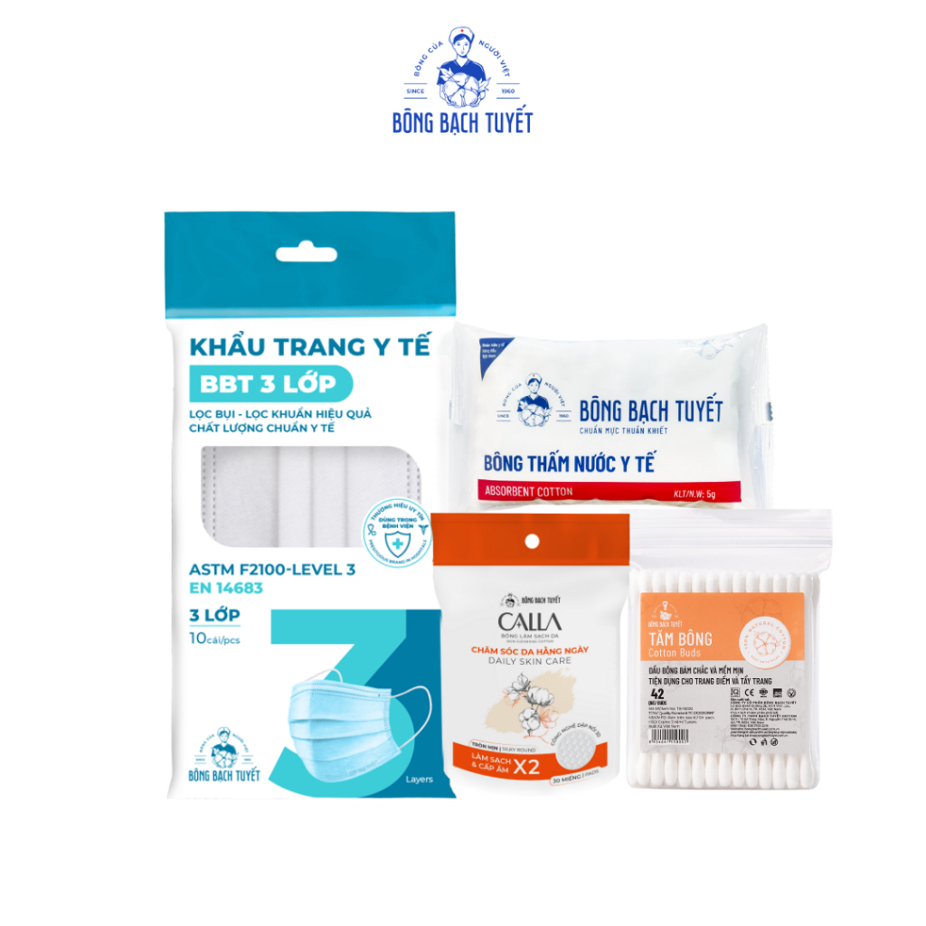 [HÀNG TẶNG KHÔNG BÁN] - COMBO 4 QUÀ: Bông y tế + tăm bông + bông xỏ ngón + khẩu trang 3 lớp trắng