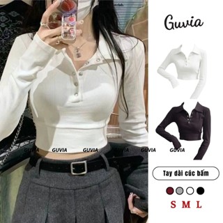 Áo Croptop Tay Dài CÚC BẤM Cổ Polo Nữ Thun Gân, Áo Thun Croptop Có Chun Ôm Eo GUVIA CR170