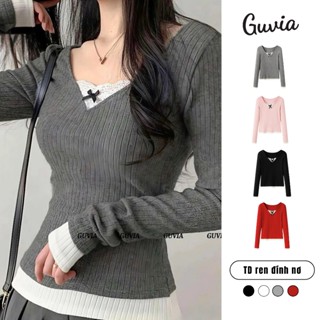  Áo Thun Tay Dài Cổ Tim Phối Ren Đính Nơ Áo Thun Nữ Ôm Body Tôn Dáng GUVIA ADD85 