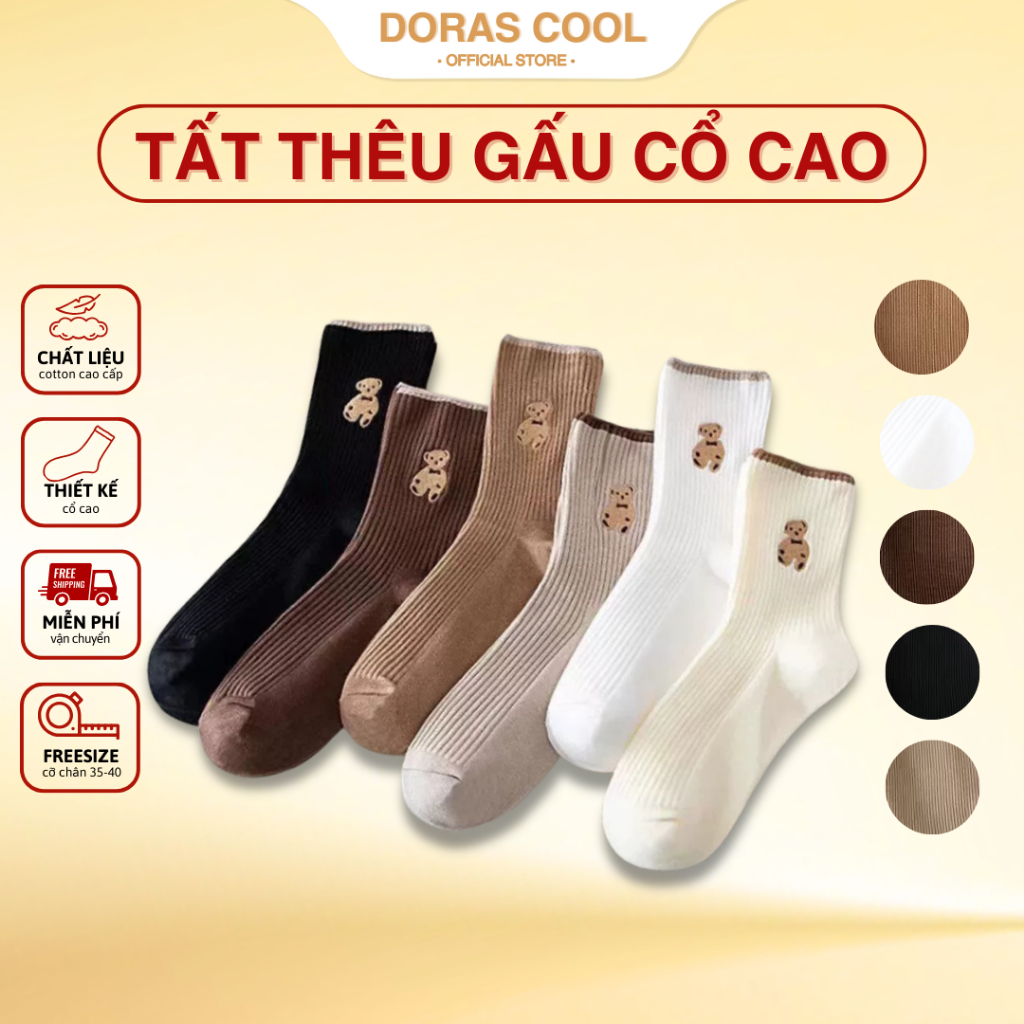 Set 5,sét 10 đôi tất gấu nâu cao cổ cotton phong cách vintage Hàn Quốc dễ thương