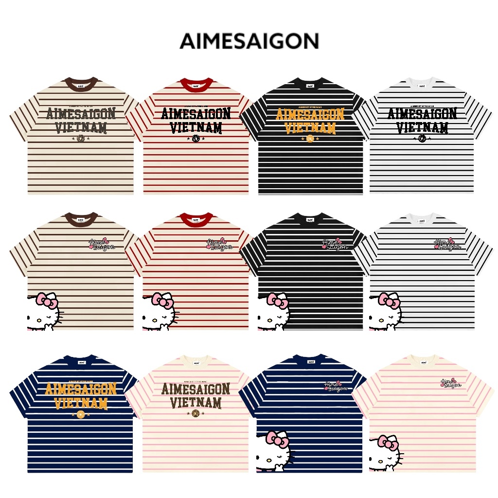 Áo Thun Boxy AIMÉ Sọc Ngang Cổ Tròn Chất Borip QC Striped "CHỮ - Mèo Kitty" Form Rộng Áo Phông Nữ Kiểu Đẹp Nam Nữ Basic