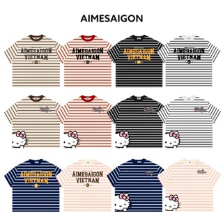 Áo Thun Boxy AIMÉ Sọc Ngang Cổ Tròn Chất Borip QC Striped "CHỮ - Mèo Kitty" Form Rộng Áo Phông Nữ Kiểu Đẹp Nam Nữ Basic 