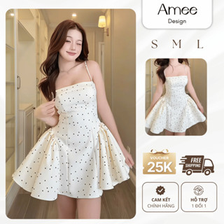   SẴN-HỎA TỐC  Đầm 2 Dây Chấm Bi Dáng Ngắn Phối Tùng Xoè Đan Dây Lưng Siêu Xinh 