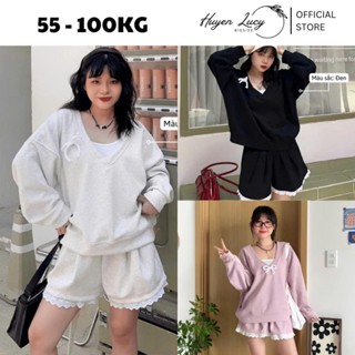 SET SWEATER NỈ HÀN  cổ V form rộng kèm  áo quây quần gấu ren bèo trẻ trung hot trend Huyền Lucy Bigsize