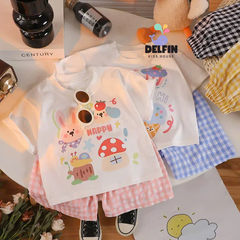 Bộ đồ Ngắn bé gái in hình cưng Delfinkids, bộ bé gái quần đùi kẻ caro đũi áo thun Cotton 100% cho bé gái từ 10-30kg