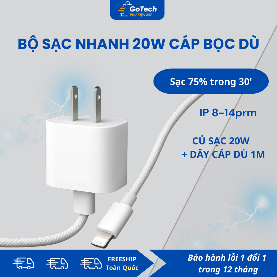 Sạc Nhanh PD 20W Cáp Bọc Dù Không Nóng Máy,An Toàn Ổn Định Bảo Hành 12 Tháng