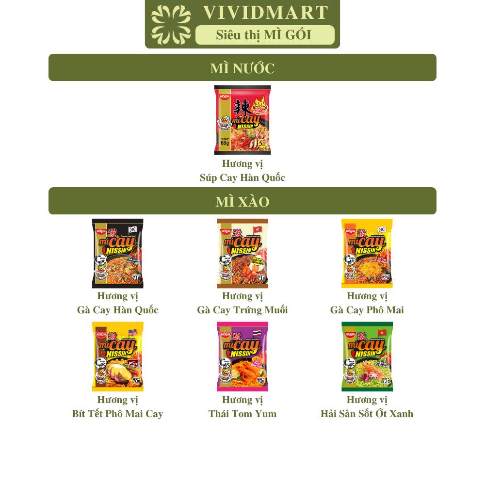 [GÓILẺ]-NISSIN- Mì cay Nissin 7 vị: Súp cay, Gà cay, Gà phô mai, Gà trứng muối, Thái Tomyum, Bít tết, Hải sản 68-72g/gói
