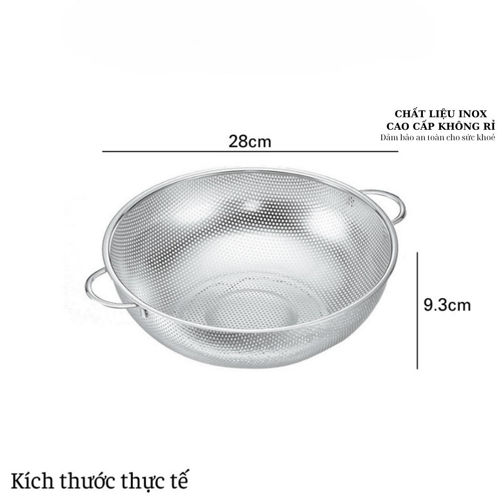Set 3 Rổ inox 304 đa năng lỗ lưới nhỏ dày - Rổ tròn inox 304 có 3 chân cao ráo nước , Rá inox có quai treo
