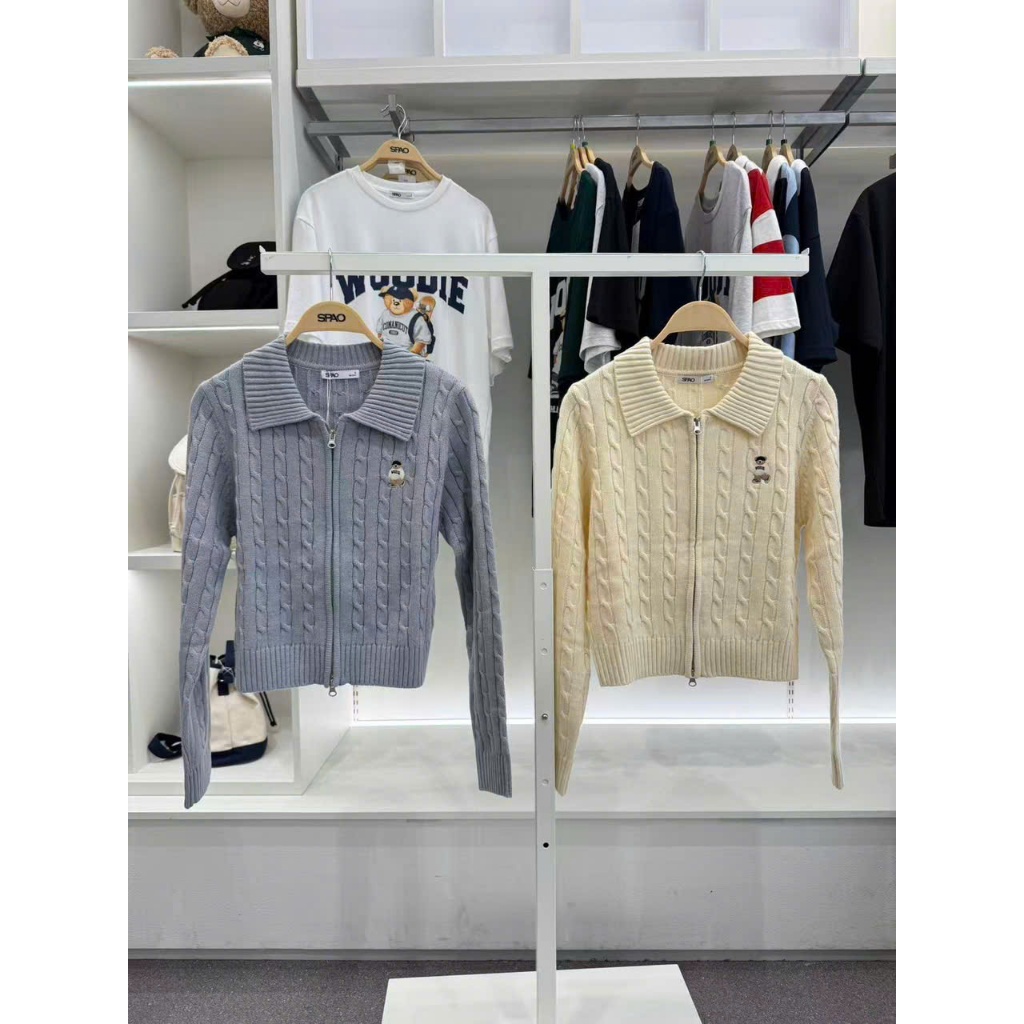 Áo Cardigan WHOAU Steve Crop Cable Zip-up Cardigan Trắng Kem / Xám