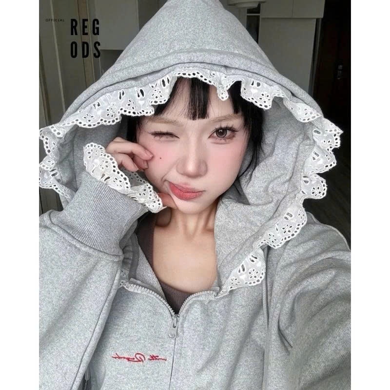 1. [ HOT NEW ] Áo khoác nữ có nón Hoo1. [ HOT NEW ] Áo khoác nữ có nón Hoodie Zip Phối Ren Nón Và Tay Chất Liệu Nỉ Chân