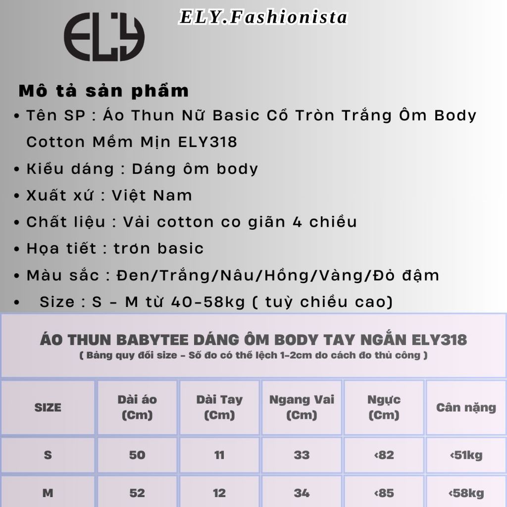 Áo Thun Nữ ELY Cotton Basic Cổ Tròn Tay Ngắn Form Ôm Nhiều Màu Thời Trang Cá Tính Hàn Quốc ELY318 | BigBuy360 - bigbuy360.vn