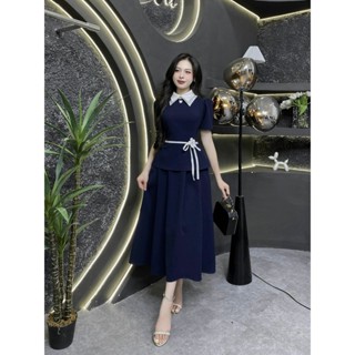 EV85 - Váy Thiết Kế Evii dành cho nữ, Đầm thiết kế cổ bẻ kép phối tơ (tặng kèm 2 tag cài và dây nơ) Peplum liền thân