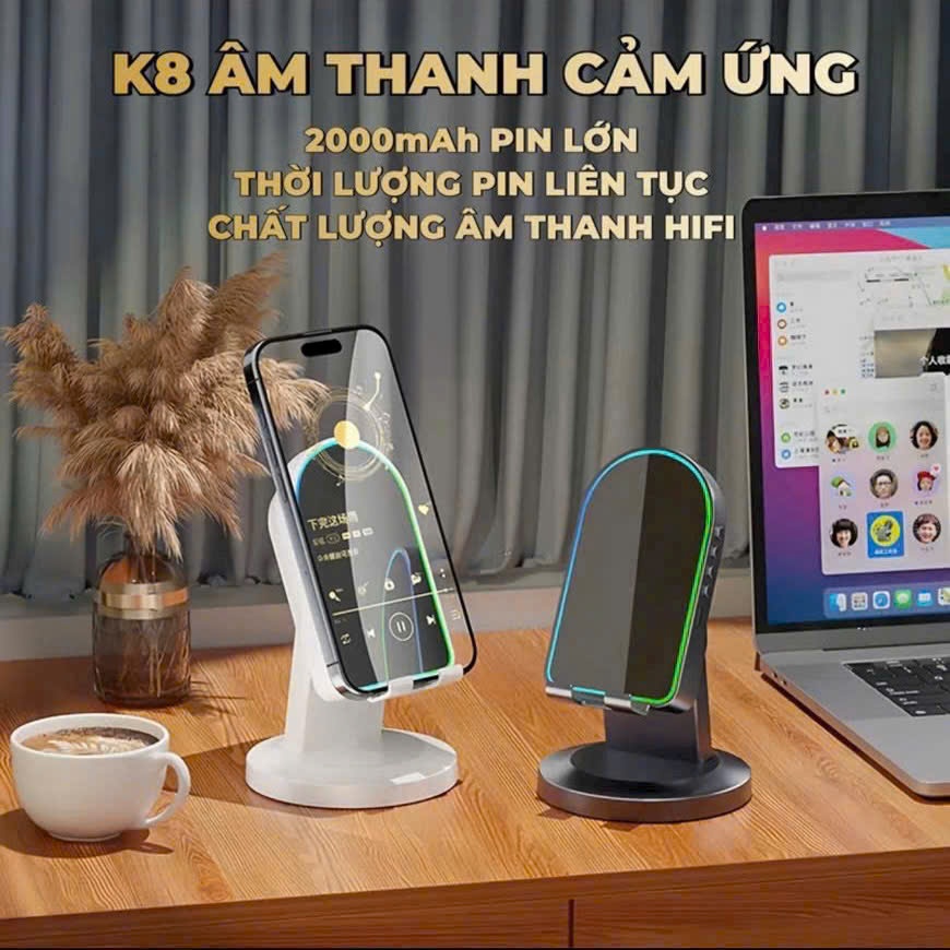 Loa K8 Cảm Ứng Không Dây (3in1) – Giá Đỡ Điện Thoại + Loa Bluetooth + Gương Trang Điểm