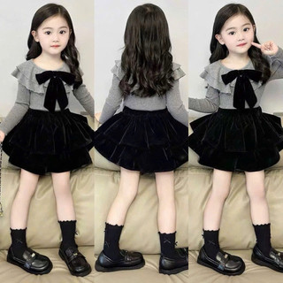  Set áo thun tăm cổ bèo găn nơ xinh điệu kèm chân váy nhung xinh 2 tầng cho bé gái  7-29kg  