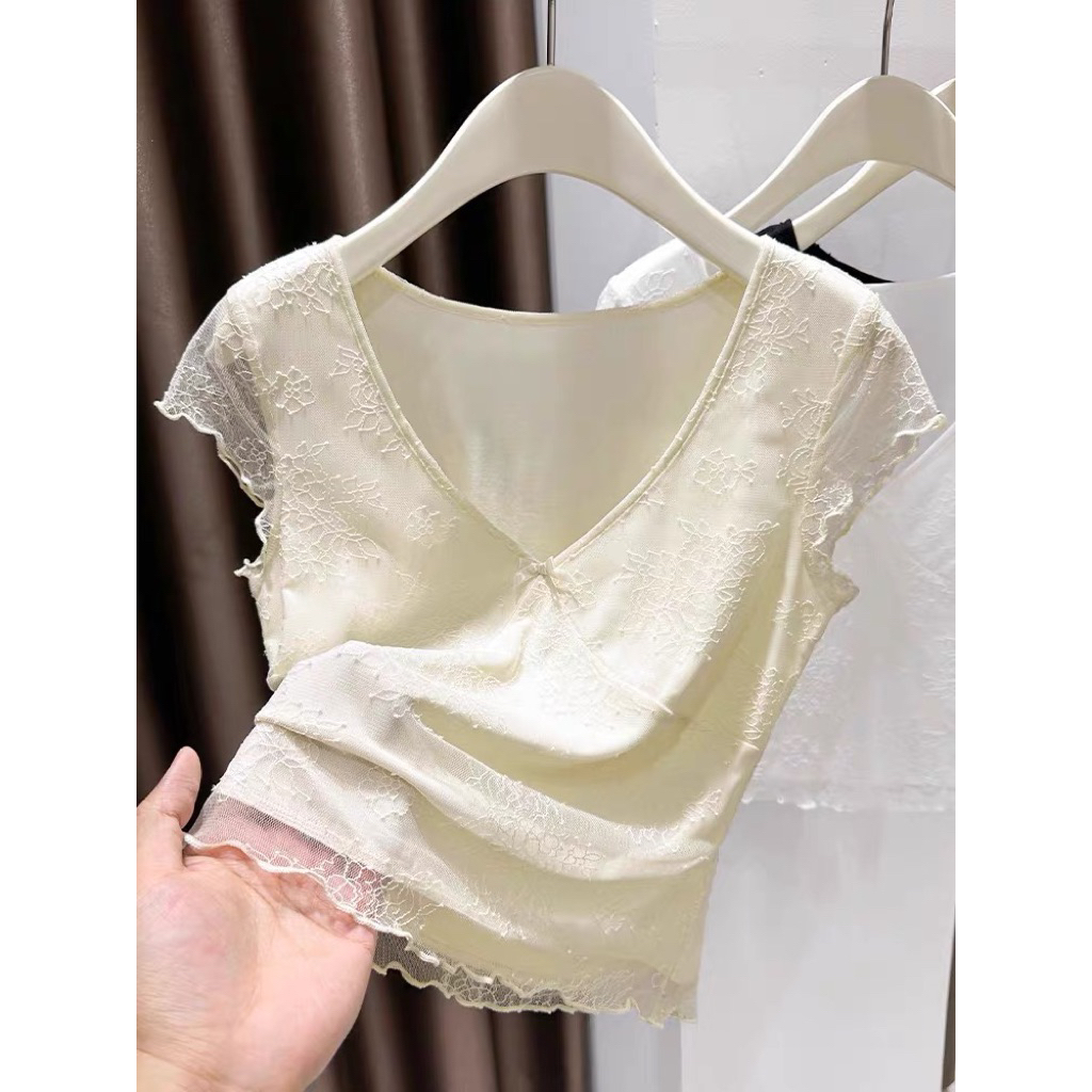 Áo thun bing size S-2XL tay ngắn cổ chữ V ren thiết kế retro cho nữ mùa hè, áo dáng ôm và