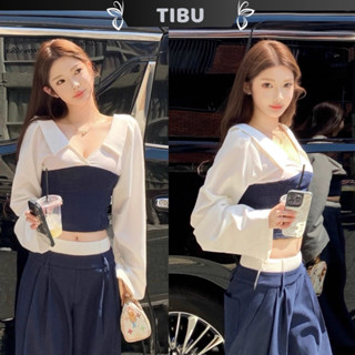  Set Áo SơMi Cổ V Tay Dài Phối Quần Dài Ống Rộng TIBU Set Đồ Nữ Đơn Giản Sang Chảnh Đi Chơi Đi Học B591 