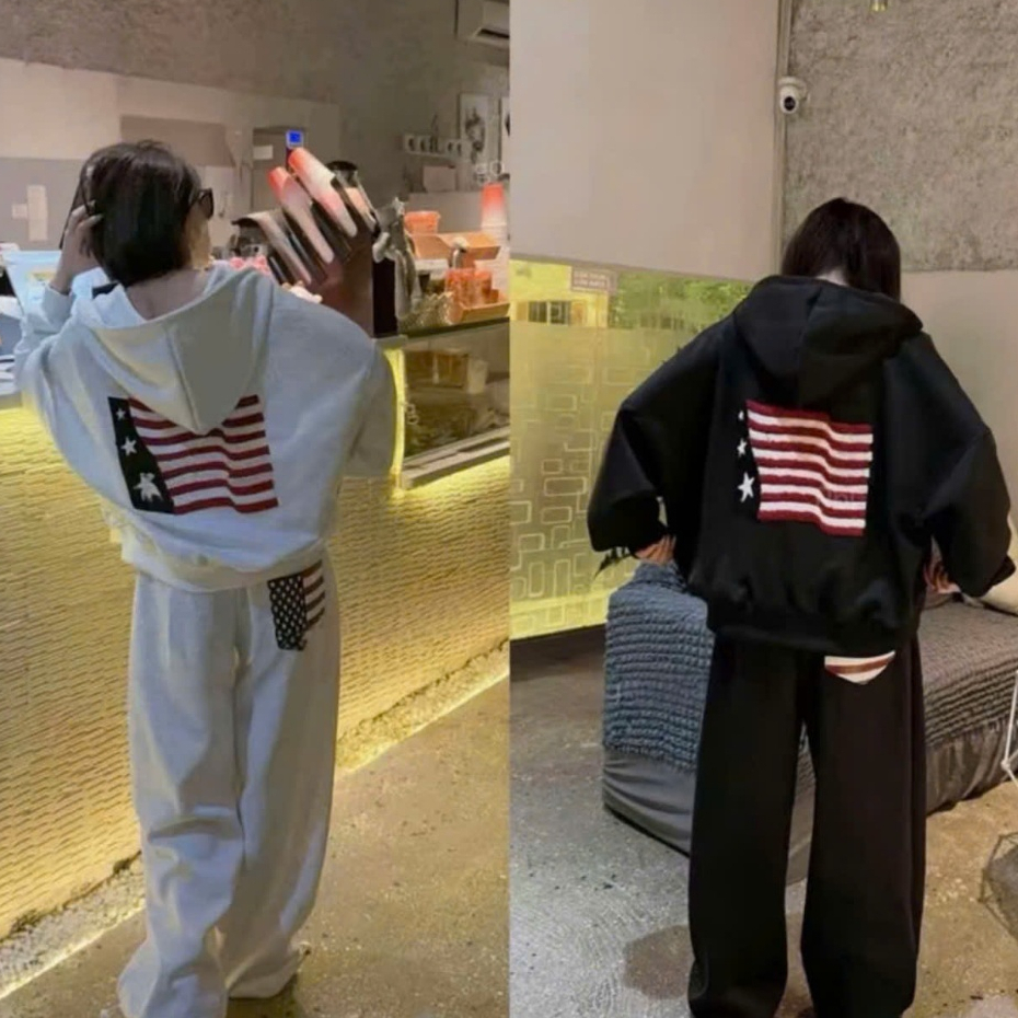 [Hàng Sẵn] SET Hoodie Zip Nỉ 2 Da Logo Thêu ngoi sao Xù Form Rộng Boxy Kiểu dáng Style Hàn Quốc, Chấ