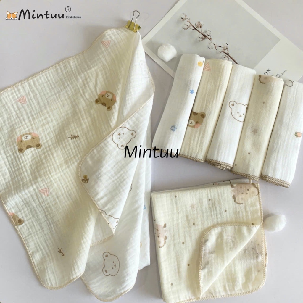 Set 5 khăn sữa xô Muslin 2 lớp thấm hút, mềm mại cho bé sơ sinh  MINTUU - 8011