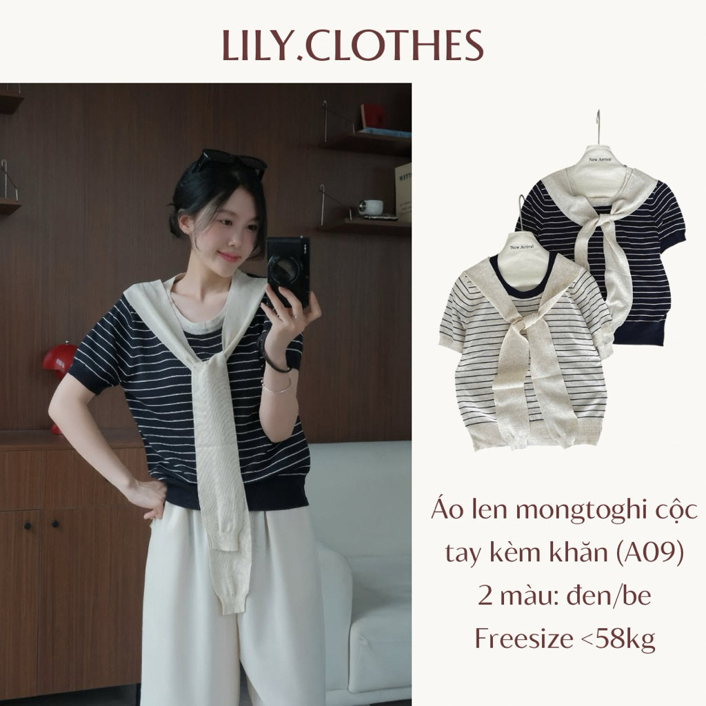 Lily.clothes- Áo len cộc tay len mongtoghi hoạ tiết kẻ ngang kèm khăn liền áo (A09)