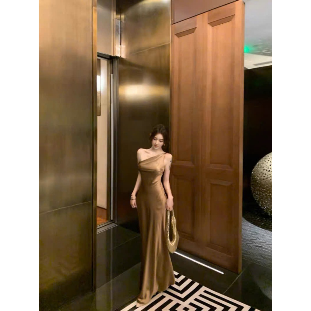 Đầm Lụa Nâu Lệch Vai Dáng Dài Đuôi Cá Dài Dạ Hội Dự Tiệc TH336