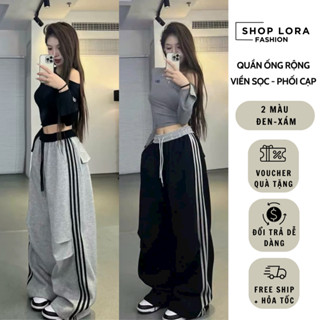 Quần dài ống rộng nữ , quần ống suông lưng cao cạp thun phối viền sọc phong cách Hàn Quốc vải co giãn,mềm mại MS2551