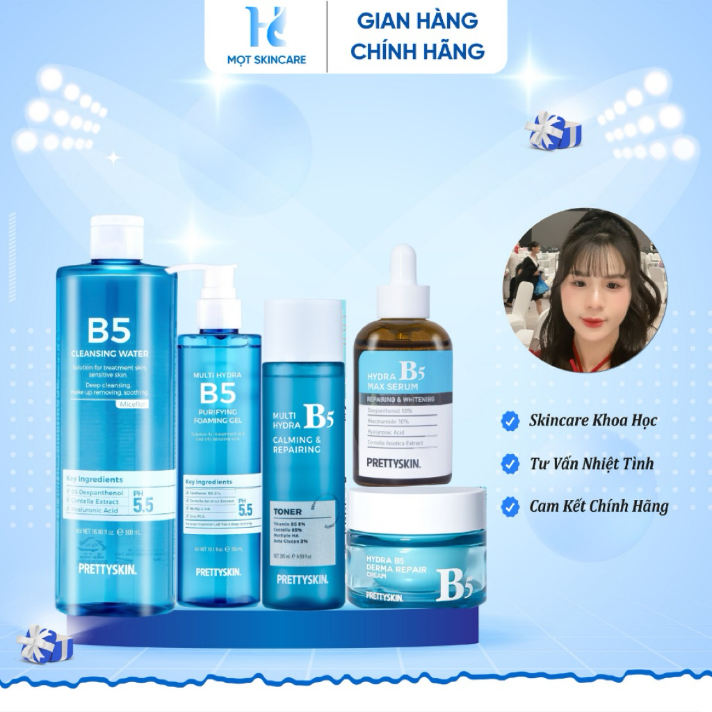 combo 5 sp gồm: tẩy trang B5+ gel rửa mặt B5+ toner B5+ serum B5 da thường + kem dưỡng B5 Prettyskin