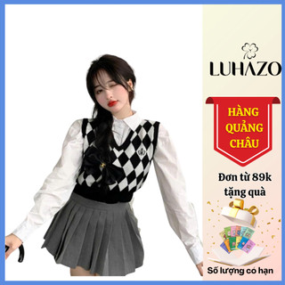  Áo gile len cho nữ áo ghi lê không tay LUHAZO cổ V dáng ngắn croptop phong cách nữ sinh họa tiết trám ô caro M1 C2-26 