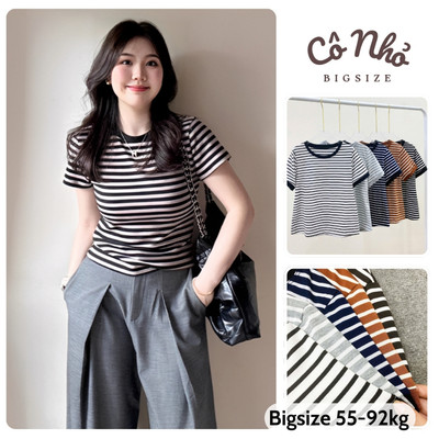 Áo Thun Ôm Kẻ Sọc Bigsize Nữ Tay Ngắn Cổ Trong Form Basic Phong Cách Trẻ Trung Cá Tính A285
