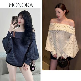 Áo trễ vai kẻ dài tay bồng bo cổ tay form rộng Áo kiểu bẻ vai bigsize kẻ xanh dễ thương xinh bánh bèo trẻ trung T280G