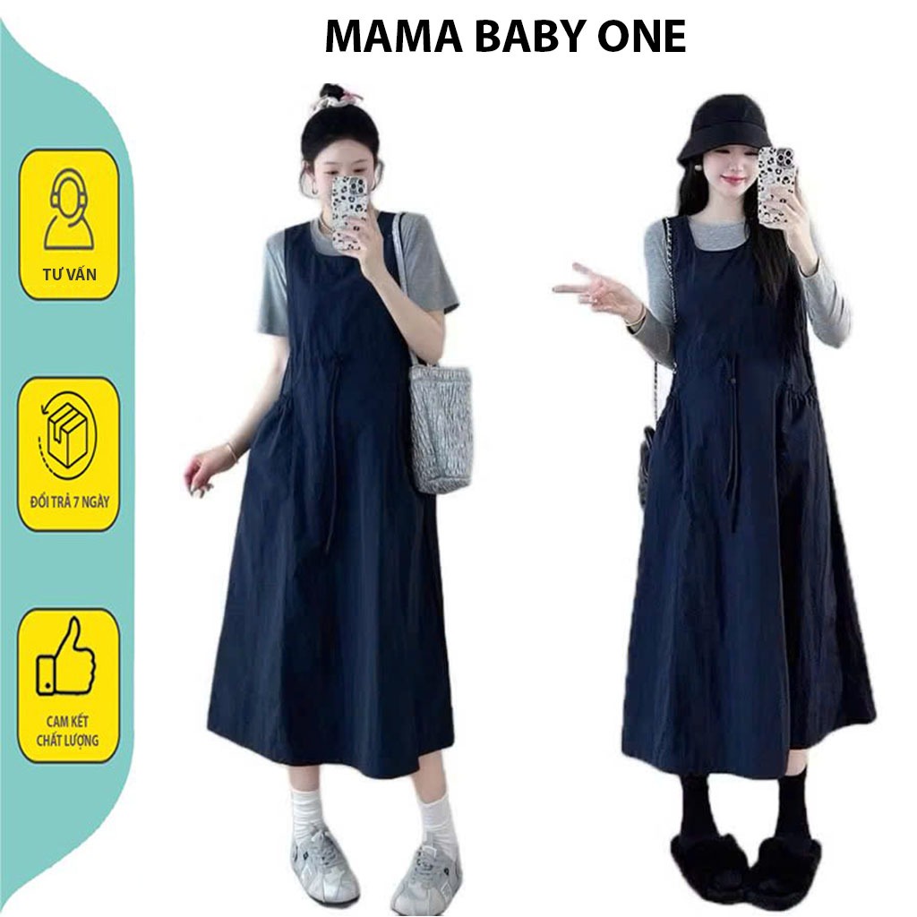 MAMA BABY ONE X491 Set váy yếm bầu thời trang xinh xắn váy yếm kèm áo cotton mềm mát thời trang bầu 