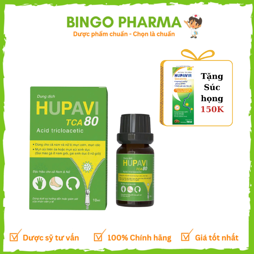 Hupavir TCA 80 (Hupavi) chấm rụng sùi, mụn cơm, mụn cóc tay, chân, cổ, lưng 10ml