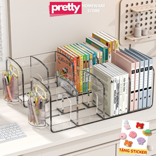 Kệ Đựng Sách Để Bàn Trong Suốt Nhiều Ngăn Chất Liệu Acrylic Dày Dặn Kèm Ngăn Cắm Bút, Có Tay Cầm