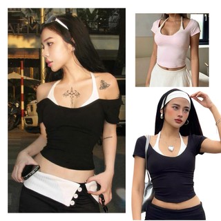    Bigsize 55-100kg  Áo thun croptop ôm body cổ tròn rộng phối dây buộc sau lưng màu dễ thương nữ tính 