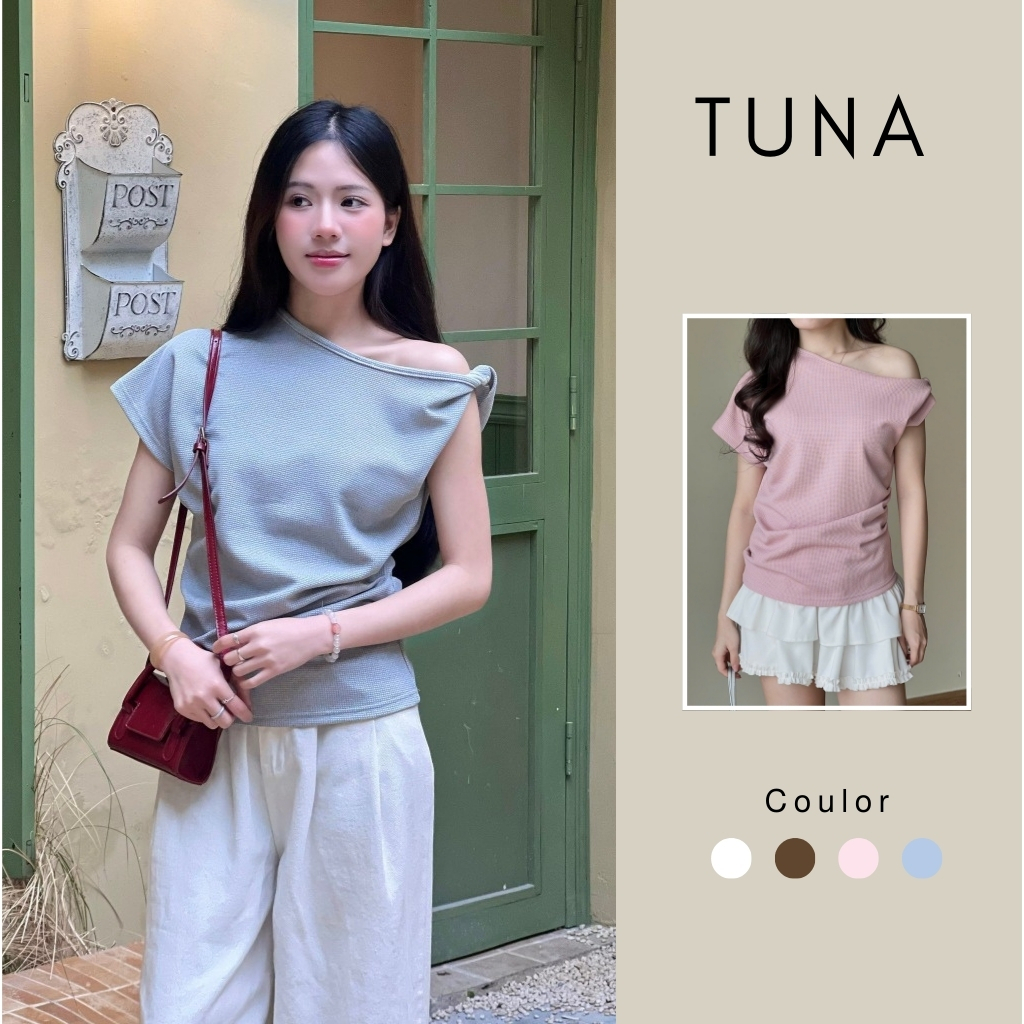 XẢ HÀNG GIÁ GỐC  Áo Thun Tổ Ong Kiểu Lệch Vai, Áo Phông Ngắn Tay Basic Trơn Form Vừa, Áo Kiểu Hở Vai Nhún Eo Tuna Store | BigBuy360 - bigbuy360.vn