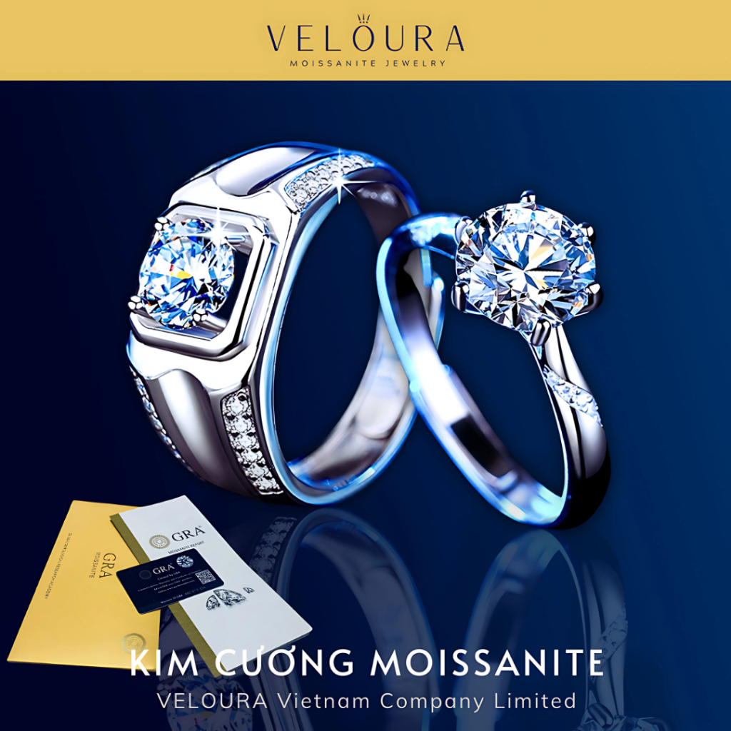 Cặp Nhẫn Đôi Kim Cương Moissanite VELOURA - Nam Vuông Đính Full Đá, Nữ Sáu Chấu Kiêu Sa | GRA VJN034