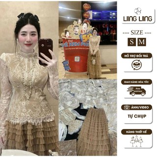  Set Áo Ren Body Dáng Dài Tay Mix Chân Váy Tầng Dài Tiểu Thư Sang Chảnh - LIING 