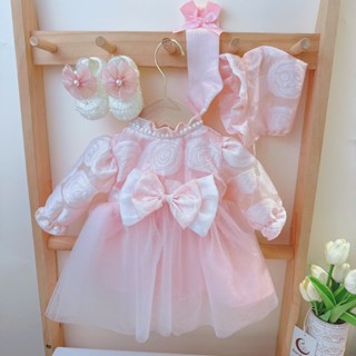  M94 - VÁY voan thêu hoa HỒNG dài tay cho bé 3-11kg Made by Hằng 